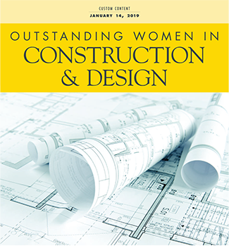 cover of Outstanding Women in Construction & Design magazine showing architectural documents